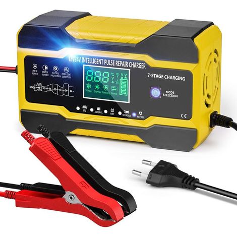 Chargeur de Batterie Voiture 10 A 12 V 24 V Chargeur Intelligent pour Auto Moto avec Compensation de Température avec Écran LCD Tactile 5 Modes Fonction de Réparation Automatique Jaune