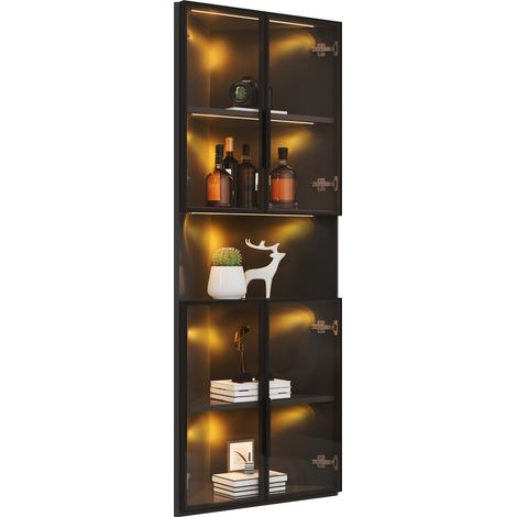 CHICFURN Vitrina esquinera triangular negra con puertas de vidrio templado y luz LED, mueble expositor de 62x32x160 cm con estante abierto central para salón u oficina (1/5)