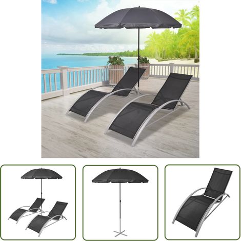 The Living Store Chaises longues et parasol Aluminium Noir - Chaise Longue - Transats - Mobilier De Jardin - Salon De Jardin - Parasol (1/5)