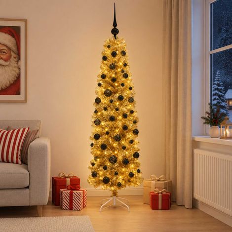 vidaXL Artificial Slim Christmas Tree with Bauble 180 cm 300 LEDs (1/5)