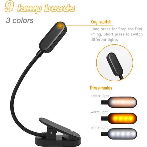 9-LED-Leselampe, wiederaufladbare Klemmleuchte mit 9 Helligkeitsstufen und 3 Farbtemperaturen, 360° flexibler Hals, Klemmleuchte für Bett, Buch, Mini-Nachtlicht und Lampe (1/5)