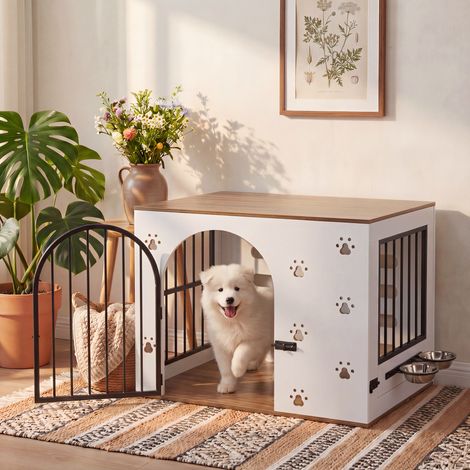 Meuble-cage Chien, Station de Repas Intégrée, Table d'Appoint Bois avec 2 Gamelles Inox, Blanc, 80x54x63 cm (1/5)