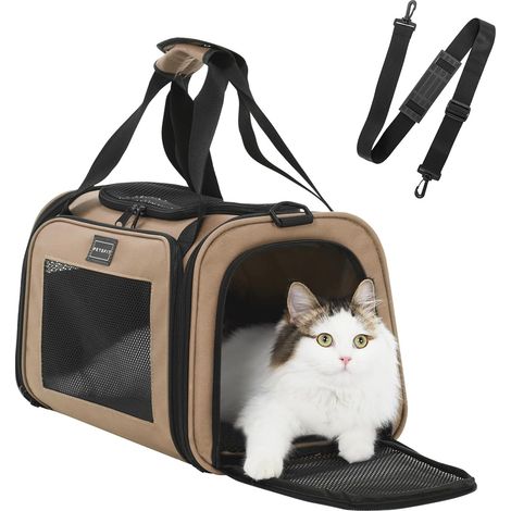 1 - Sac Transport Chat - Sac Transport Chien - Pliable et Aéré avec Matelas Extensible - Pour Avion et Voyage - Kaki - 44x26x26cm (1/5)