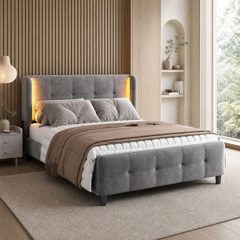 Letto matrimoniale 140x200 cm con LED a 16 colori, con testiera regolabile, in velluto grigio, senza materasso (1/5)