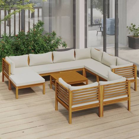 FIMEI Salon de jardin 10 pcs avec coussin crème Bois d'acacia solide (1/5)