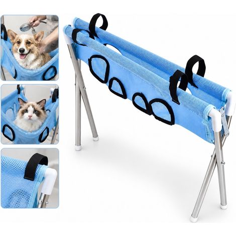 Support de hamac de toilettage pour chien pliable avec élingue en maille pour le bain des petits et moyens animaux, bleu. (1/5)