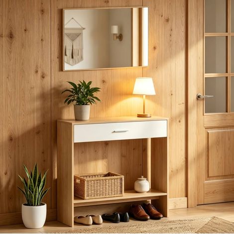 Consolle ingresso 91,5x27,9x85,5 cm in truciolare rovere/bianco con specchio - MEUBLIV (1/5)