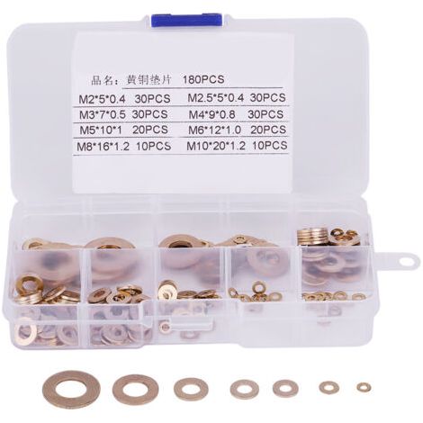 Assortiment de 180 rondelles plates en laiton avec boîte M2/M2.5/M3/M4/M5/M6/M8/M10