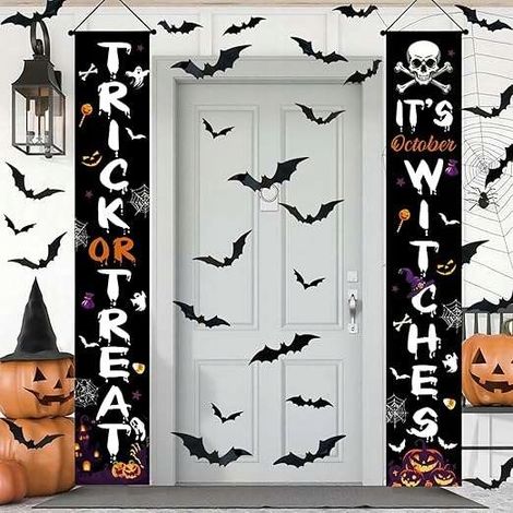 Pancarta de Halloween para puerta o pared + juego de 60 murciélagos (2 unidades)
