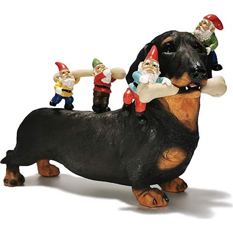 Statue humoristique d'un chien mangeant des nains, sculpture en résine pour jardin, pelouse ou terrasse. (1/4)