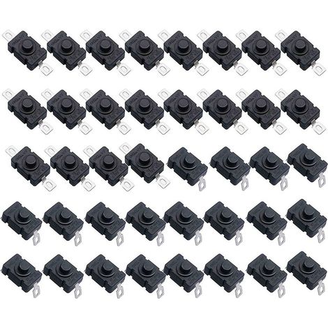 40 pezzi Interruttore a pulsante autobloccante, mini interruttore per torcia KAN-28 (20 pezzi perno piatto con foro + 20 pezzi perno piegato con foro)