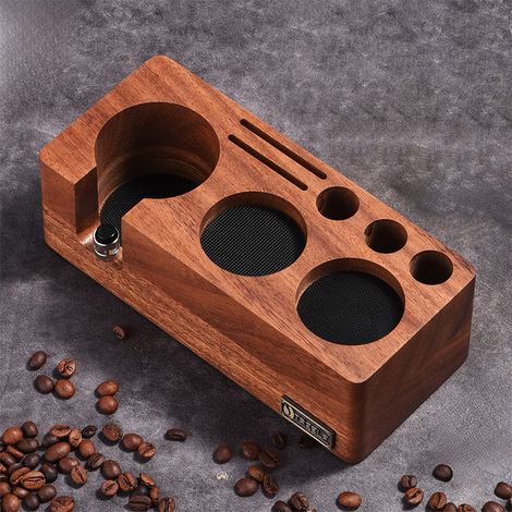 Stazione di pressatura del caffè in noce, portafiltro, base regolabile in altezza, organizzatore di dosaggio 3 in 1, dispenser e supporto da banco. (1/5)