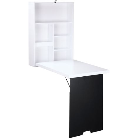 Bureau mural rabattable blanc et noir avec 5 compartiments et tableau 60x94,5x147cm, gain de place pour télétravail