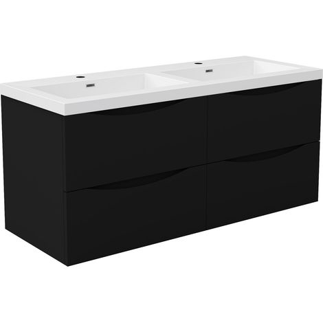 Meuble de Salle de Bain Suspendu Noir Mat 120cm avec 4 Tiroirs Silencieux, Vasque Résine, Résistant à l'Humidité, Design Moderne