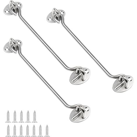 3 Pièces Loquet de Porte, 200 mm Crochet Fermeture Porte, Argent Loquet à Crochet et à Œillet, Comprenant 12 Vis, pour Portes D'entrée, Portails de Jardin, Portails de Clôture, Fenêtres