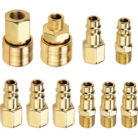 Lot de 10 raccords d'air comprimé Euro 1/4", raccord rapide, pour tuyaux, raccords, tuyau d'air, compresseur - Doré (1/5)