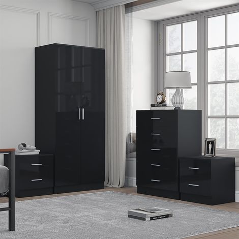 Reflect 2 Door Plain Wardrobe, 5 Drawer Chest, 2x 2 Drawer Bedsides - Black Gloss & Black Oak - Modern Bedroom Furniture Set
