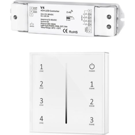 Kit Variateur Tactile Monochrome Sans Fil 4 Zones et Dimmer RF -
