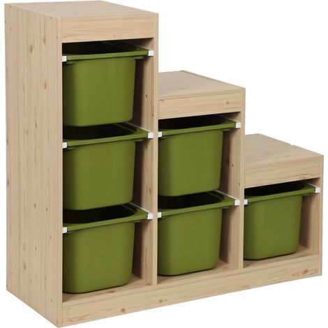 Children's storage unit staircase 6 storage bins natural wood decor and khaki green - Sora