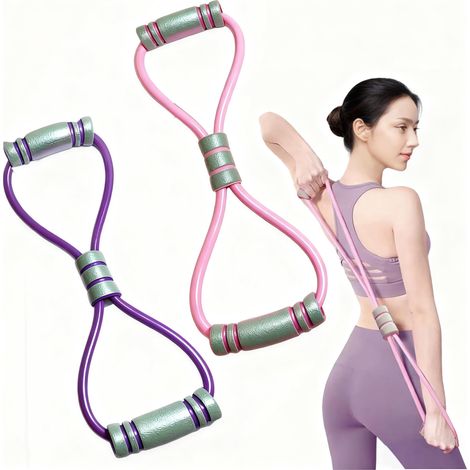 Lot de 2 bandes de résistance en forme de 8 avec poignées – Bande élastique pour bras, dos, épaules, poitrine, fessiers, renforcement musculaire, yoga et rééducation – (Rose et Violet) (1/5)