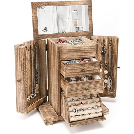 Boîte à Bijoux pour Femme, Grande Rustique Boite a Bijoux Bois avec Miroir, Boite Rangement Organisateur Bijoux 4 couches pour Colliers, Boucles D'oreilles, Bagues, Bracelets (Marron Vintage) (1/5)