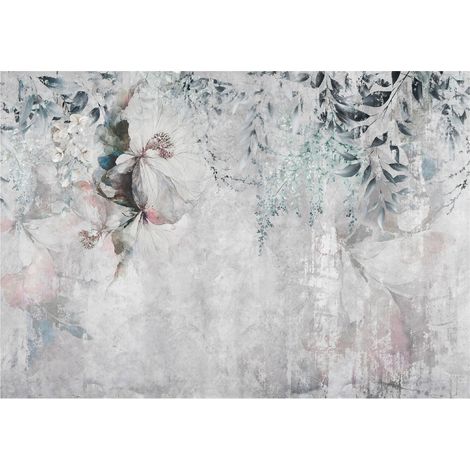 Papier peint avec des fleurs sur béton, décoration murale pour salon UV – 300 x 210 cm Wallarena (1/4)