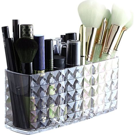 Boîte de rangement pour pinceaux de maquillage, en acrylique transparent, 3 compartiments, organisateur de rangement pour vanité de salle de bain (1/5)