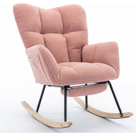 Sillón mecedora moderno con tapizado de tela tipo teddy rosa y reposapiés extensible (1/5)
