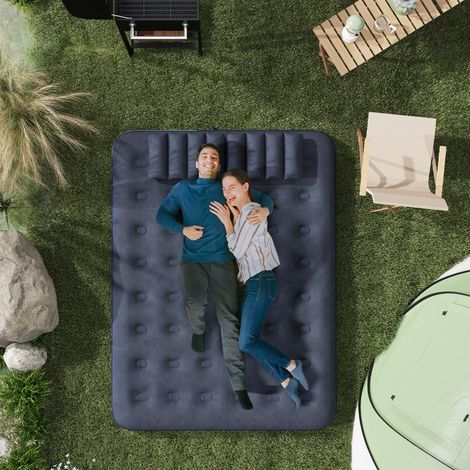 Matelas gonflable pour 2 personnes. Avec pompe manuelle. Doux et robuste. 203x152x22 cm. Bleu.