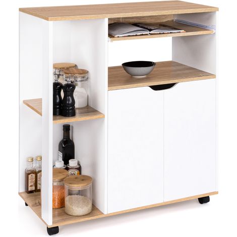 Idmarket – Desserte de cuisine sur roulettes bois blanc et plateaux façon hêtre – Longueur 76 cm – Rangement pratique avec 4 roulettes dont 2 freinées