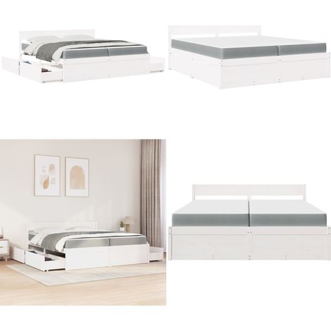 Lit avec tiroirs et matelas blanc 200x200 cm bois massif de pin - Lit Double - Lit Plateforme - Lit Avec Rangements - Lit En Bois Massif - Meubles De Chambre - Home & Living (1/5)
