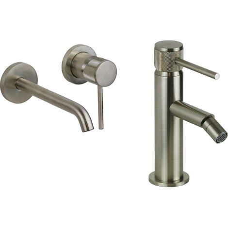 Conjunto mezclador de lavabo y bidé de pared en acabado acero cepillado con maneta de lujo Gattoni Beta KITBETA3NS