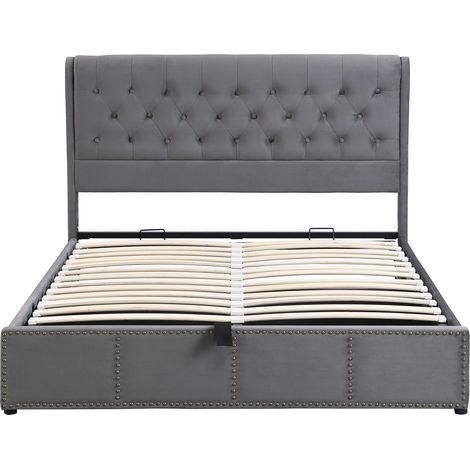 Cama capitoné 140 x 200 cm en terciopelo gris con somier y arcón (1/5)