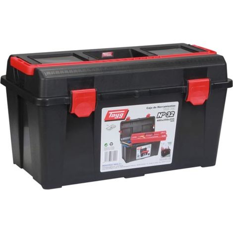 Tayg Werkzeugkiste 31,5 Liter, große Werkzeugbox mit herausnehmbarer Ablage, stabile Kunststoffverschlüsse und klappbarer Griff, schwarz rot 48 x 25,8 x 25,5 cm