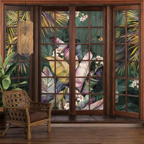 Papier peint panoramique Trompe l'oeil Fenêtre en bois - Plantes tropicales - 130 cm x 104 cm (1/5)