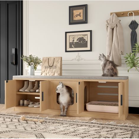 MODFU – Mobile per gatto in finitura rovere 4-in-1: panchina, lettiera, contenitore e tiragraffi, 140x40x45,5 cm – Rovere (1/5)