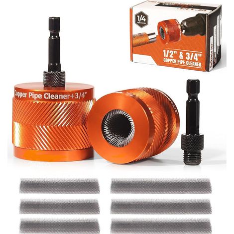 Nettoyeur de tuyaux en cuivre métallique 1/2 pouces 3/4 pouces, brosse de nettoyage de tubes à tige hexagonale de 1/4 pouces avec 6 brosses supplémentaires pour l'élimination de la peinture rouillée (1/5)