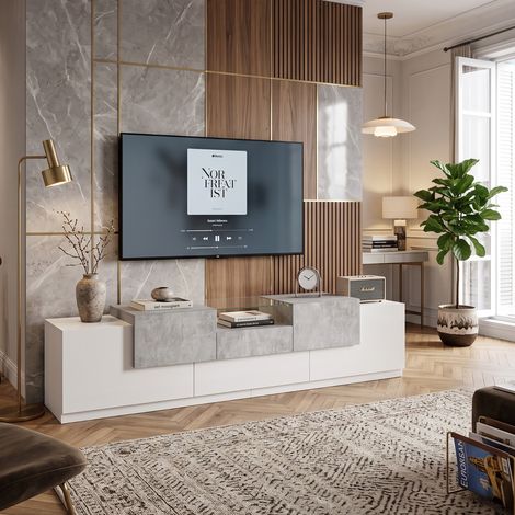 Creahappy Meuble TV 200 cm avec Rangement - Gain de Place Grand Salon - Portes et Tiroir Effet Béton et Blanc Brillant Moderne (1/5)