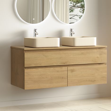 Meuble Alira 120cm chêne clair 2 vasques carrées (1/5)