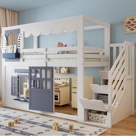 MODFU – Cama alta infantil 90x200 cm de madera blanca/azul con cabaña, puerta, ventanas y escalera de almacenamiento – EN 747 – Blanco/azul (1/5)