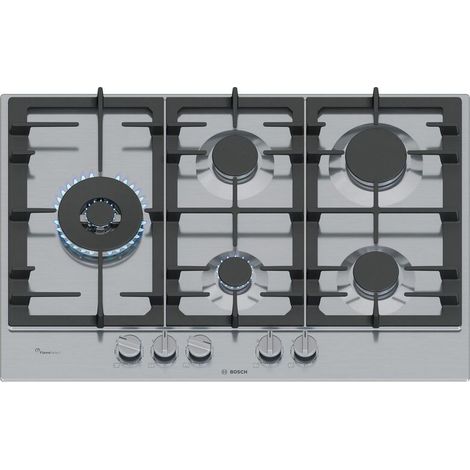 Bosch – Plaque de cuisson intégrée 75 cm gaz 5 foyers – Acier inoxydable – Allumage d'une main – Puissance 12500 W