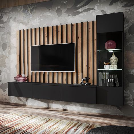 Wohnwand 220cm, schwarz mit Eiche, VENOSA-164 (1/4)