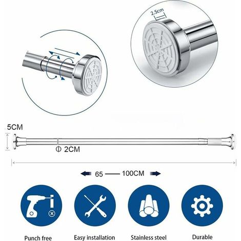 Barre télescopique en Acier Inoxydable Barre de Rideau de Douche sans perçage - Réglable par Rotation - Plus Ferme et Plus sûre Que Tringle de Douche, Tringle à vêtements. (70-125CM) (1/4)