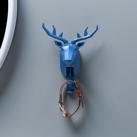 Crochet décoratif tête de cerf en résine, patère murale multifonction pour clés, bijoux, sacs et vêtements, design animal, bleu (1/3)