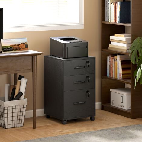Caisson de Bureau Mobile avec 3 Tiroirs Verrouillables, Caisson de Rangement sur Roulettes, 40 x 40 x 69,5 cm, Noir (1/5)