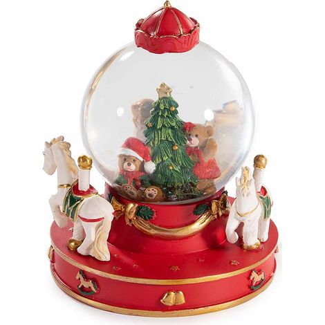 Palle a neve con orsetti e albero di Natale in vetro con base in resina a carosello cavallini, Ø 11 cm x 13 H