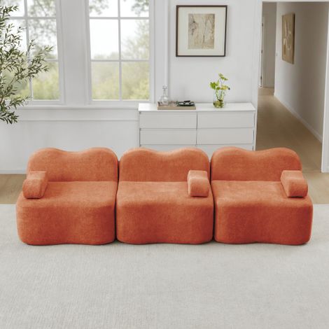 Canapé modulable 3 places sans armature orange, forme ondulée, mousse haute densité 32D, assise profonde et coussins d'accoudoirs mobiles, idéal pour salon (1/5)