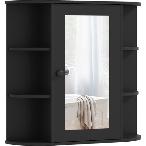Armoire de toilette avec miroir (avec 6 compartiments de rangement ouverts et 2 fermés), bois et verre, 66 x 17 x 63 cm, noir
