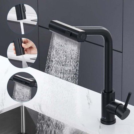 Robinet de cuisine cascade noir, mitigeur de cuisine extractible avec douchette, 3 vitesses d'eau réglables, robinet d'évier extractible en acier inoxydable rotatif à 360° (1/4)