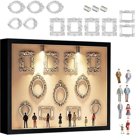 DIY Mini Museum Bilderrahmen mit LED Licht, Silhouette Box mit 8 Mini Menschen Figuren und 11 Silber Rahmen, DIY Fotospeicher zum Befüllen für Hochzeit Jahrestag Wohnzimmer und Heimdekoration (1/5)